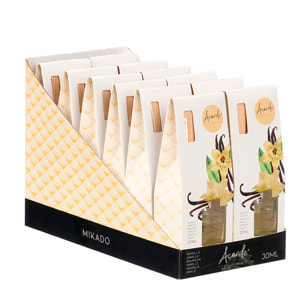 Pack 12 mikados con olor a vainilla. Frasco de 30ml y 6 varillas de fragancia.