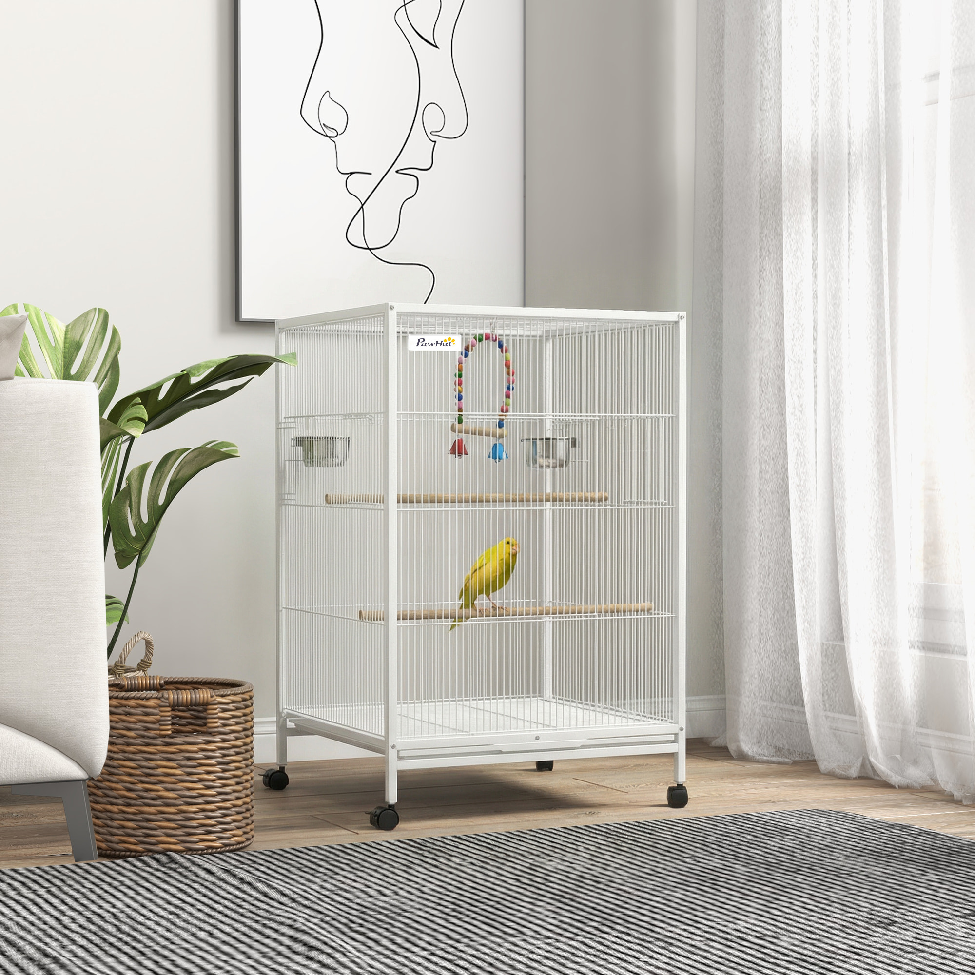 Jaula para Pájaros con Ruedas, Pajarera de Acero con Perchas, Columpio Bandeja Extraíble y Cuencos de Acero Inoxidable, Jaula Grande para Loros, Canario, Periquito, 48x46x78 cm, Blanco