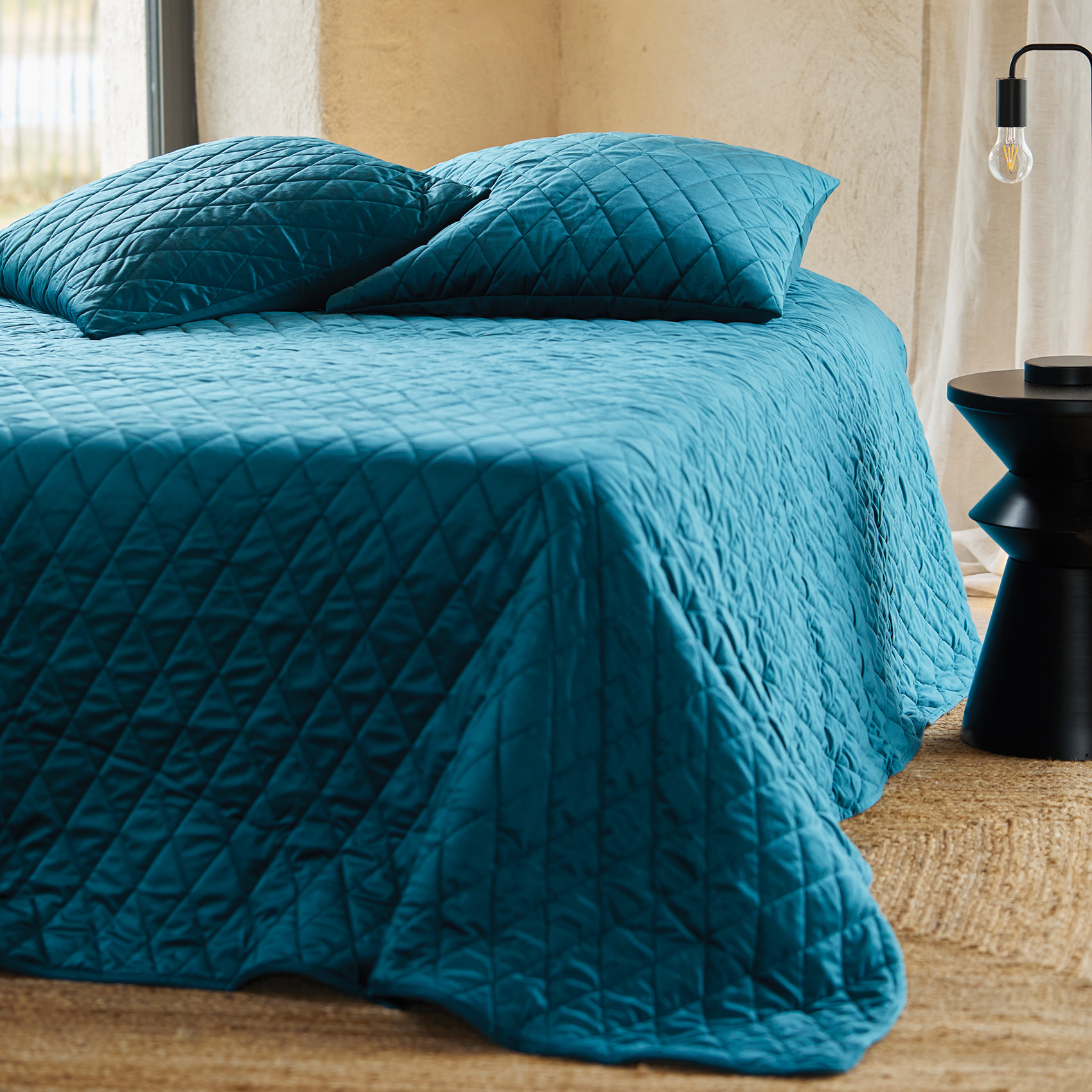 Couvre-Lit et Taies d'Oreiller en Velours Matelassé - Bleu Paon