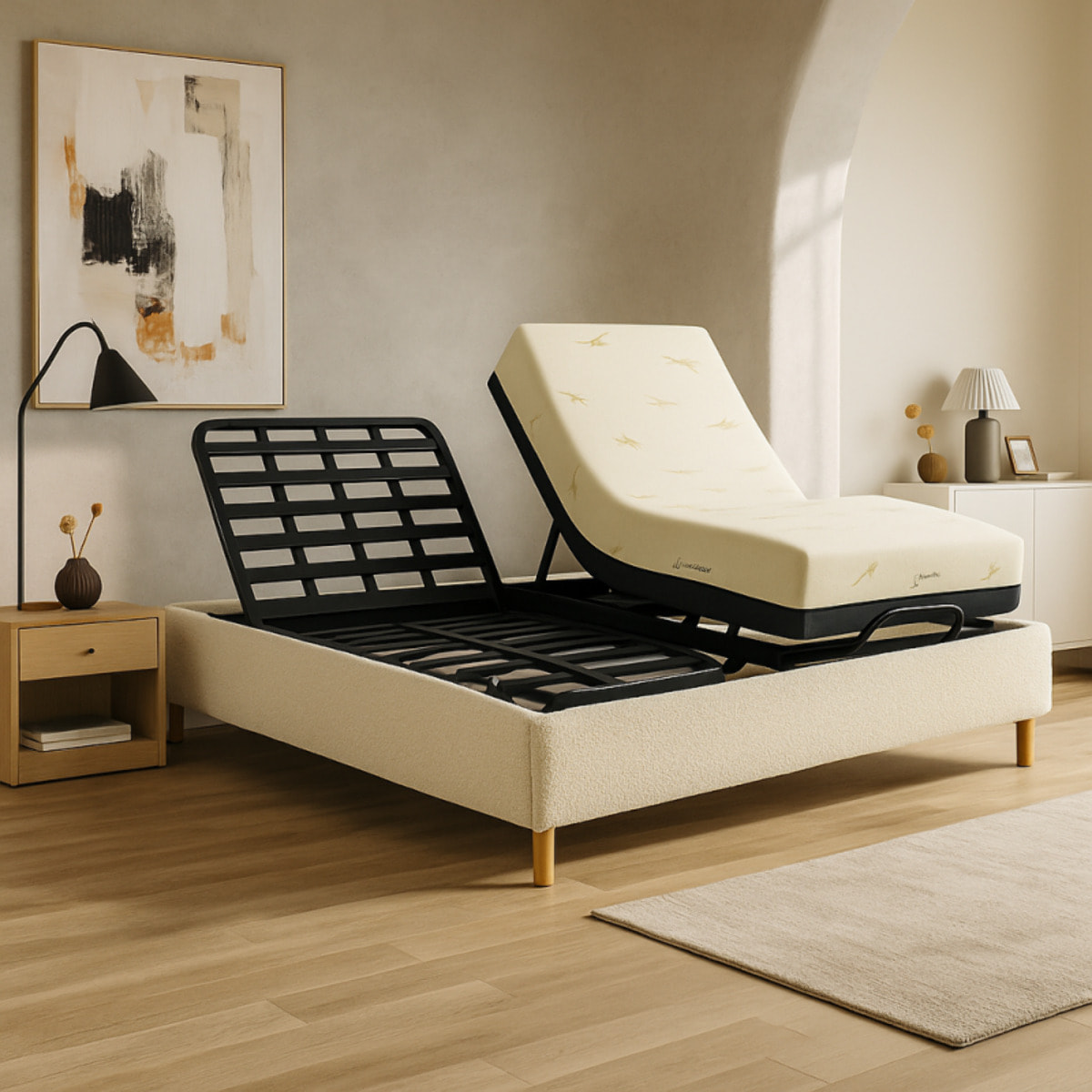 Ensemble lit électrique Ergoflex et matelas | Contour Bouclette | Sable