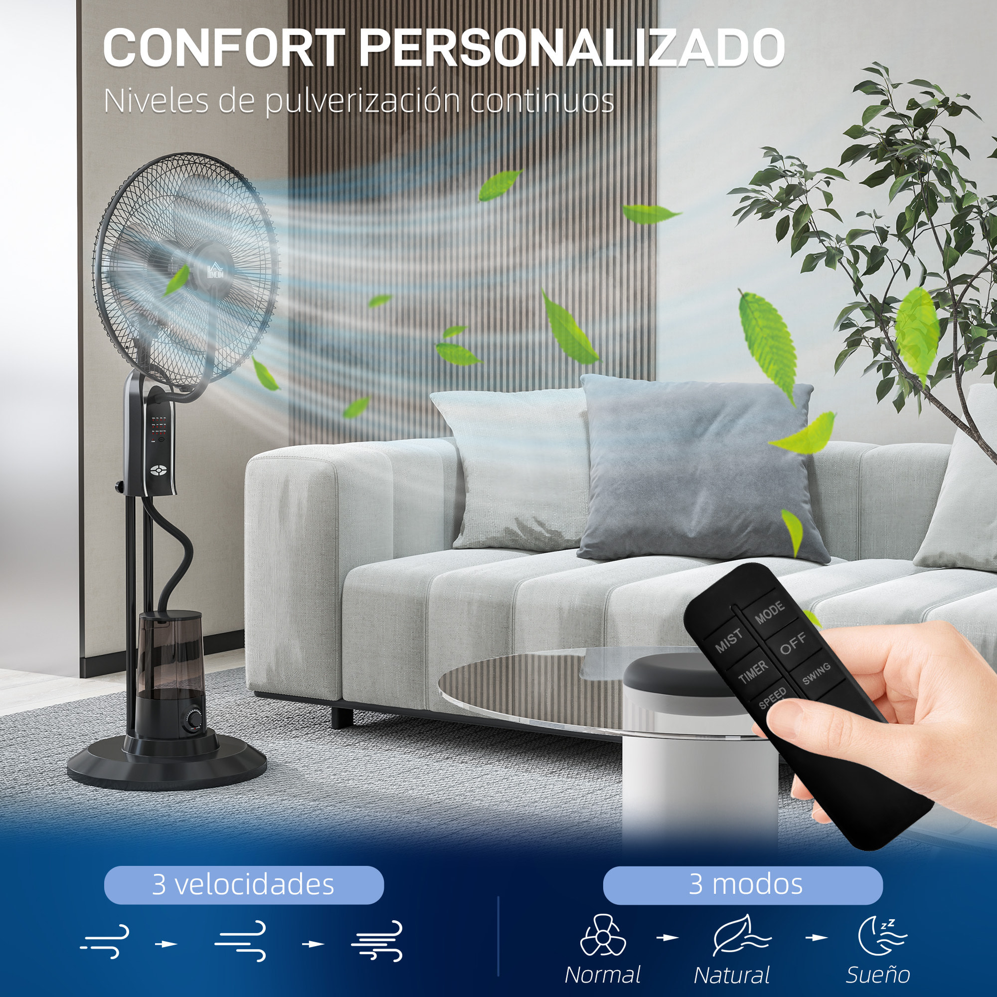 Ventilador Nebulizador Ventilador de Pie con Agua Oscilante 75 W Temporizador Tanque 3,2L Mando a Distancia 3 Velocidades 3 Aspas y Pantalla LED Ø44,5 cm Negro
