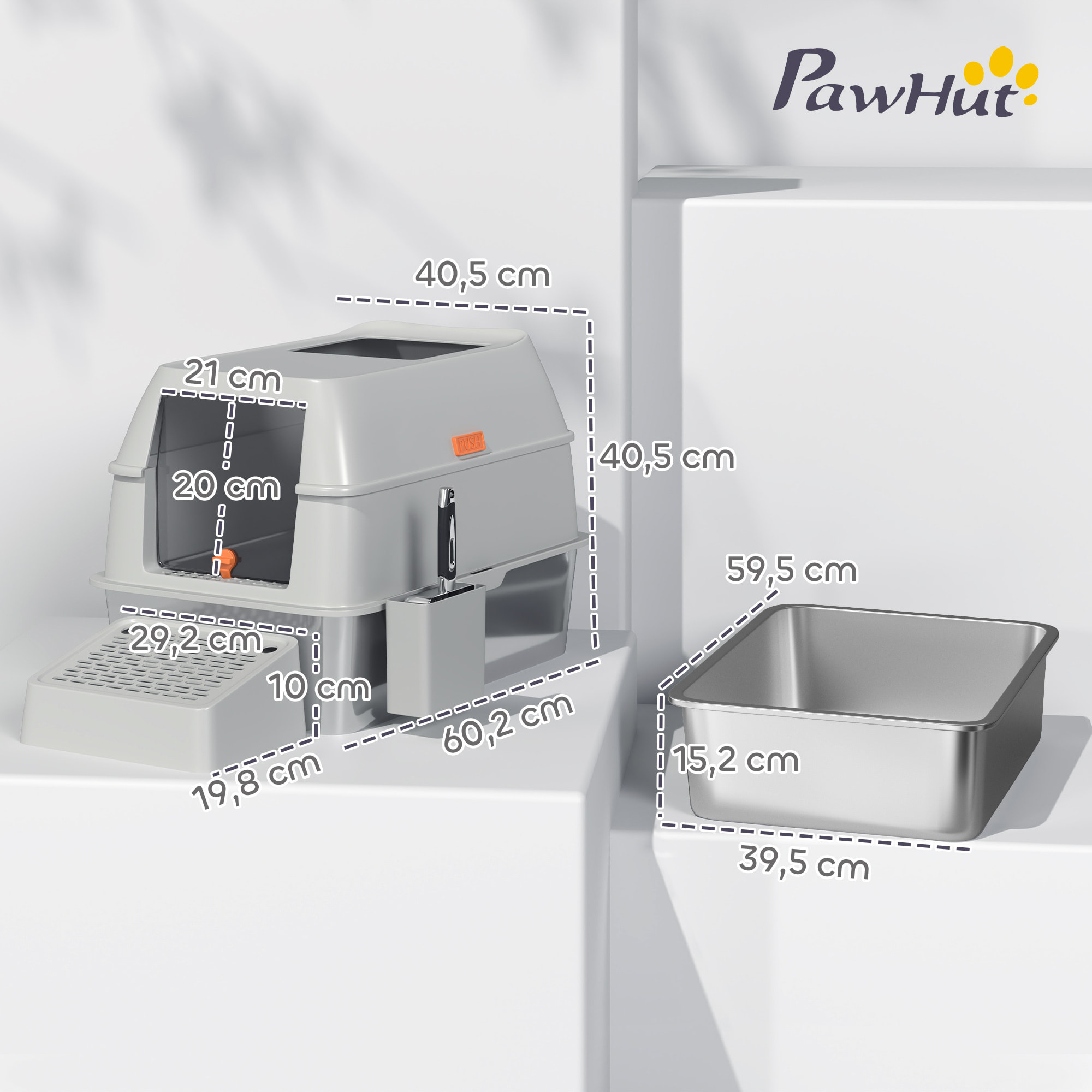 PawHut Arenero para Gatos Cubierto de Acero Inoxidable Caja de Arena para Gatos Arenero Cerrado para Gatos con Paso de Salida y Pala de Acero Inoxidable Gris Claro