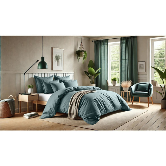 Parure housse de couette coton bleu canard