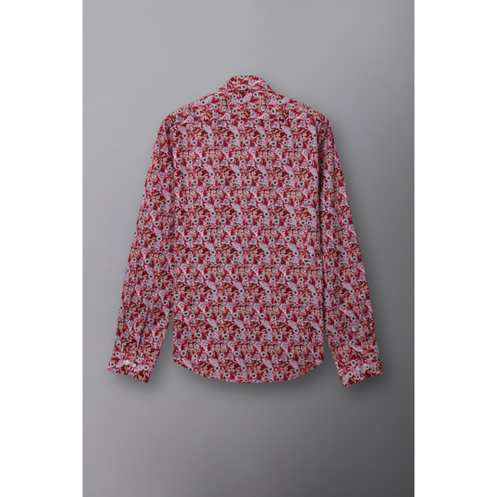 Camicia Uomo 1 Bottone Italiano Popeline Stampato Rosso\Bianco