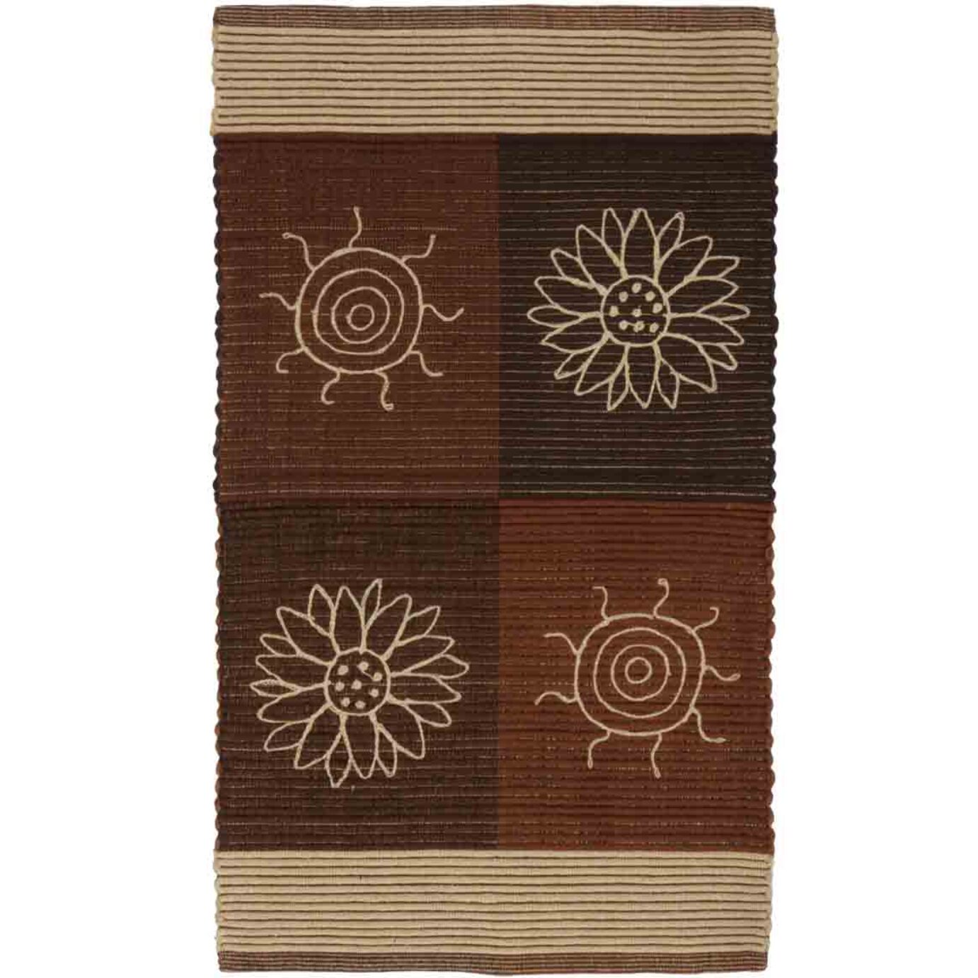 Tappeto SUMMER MARRONE disegno sole e fiori 100% cotone annodati a mano, passatoia stuoia cucina multiuso lavabile