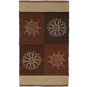 Tappeto SUMMER MARRONE disegno sole e fiori 100% cotone annodati a mano, passatoia stuoia cucina multiuso lavabile