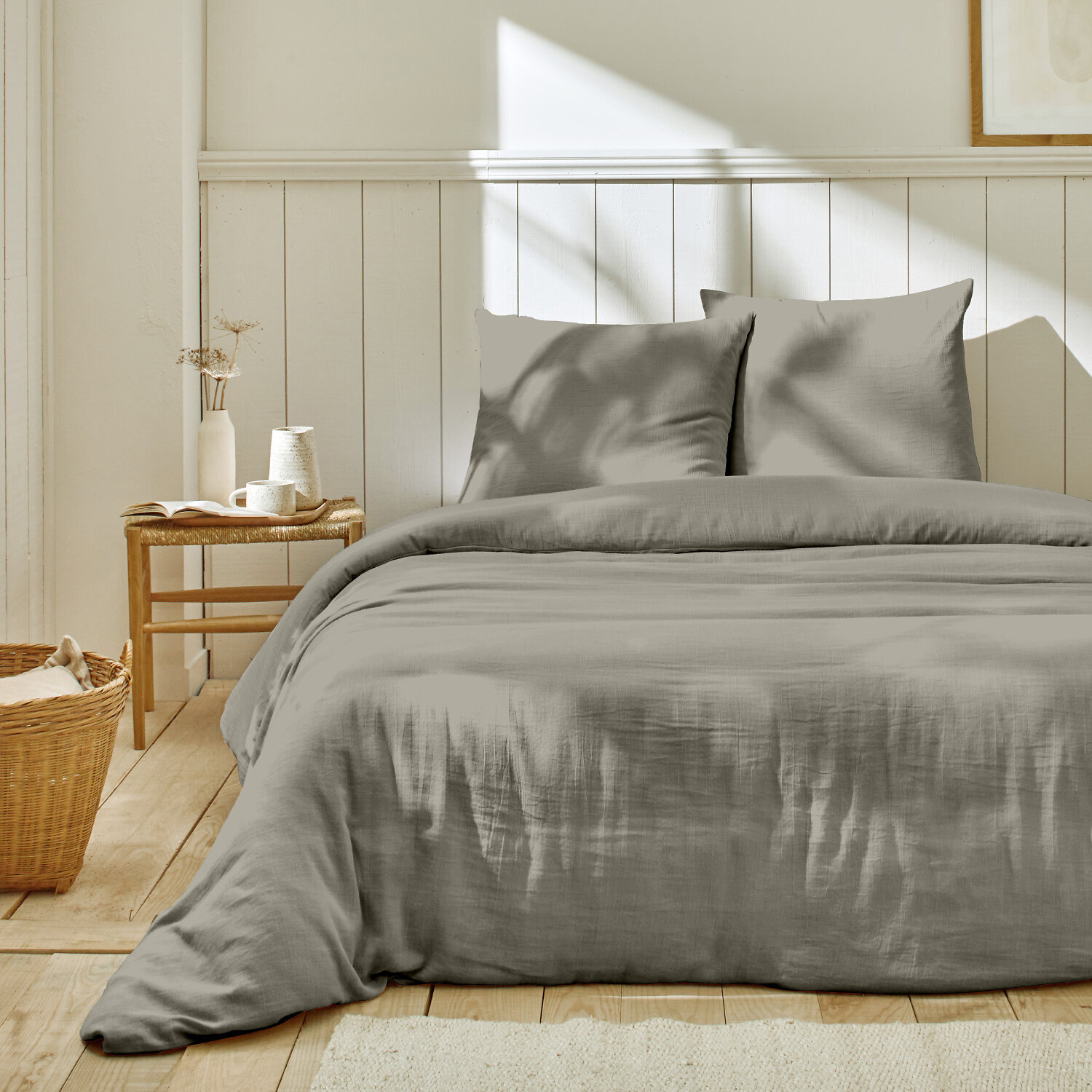 Parure housse de couette 3pcs unie 100% gaze de coton - gris galet