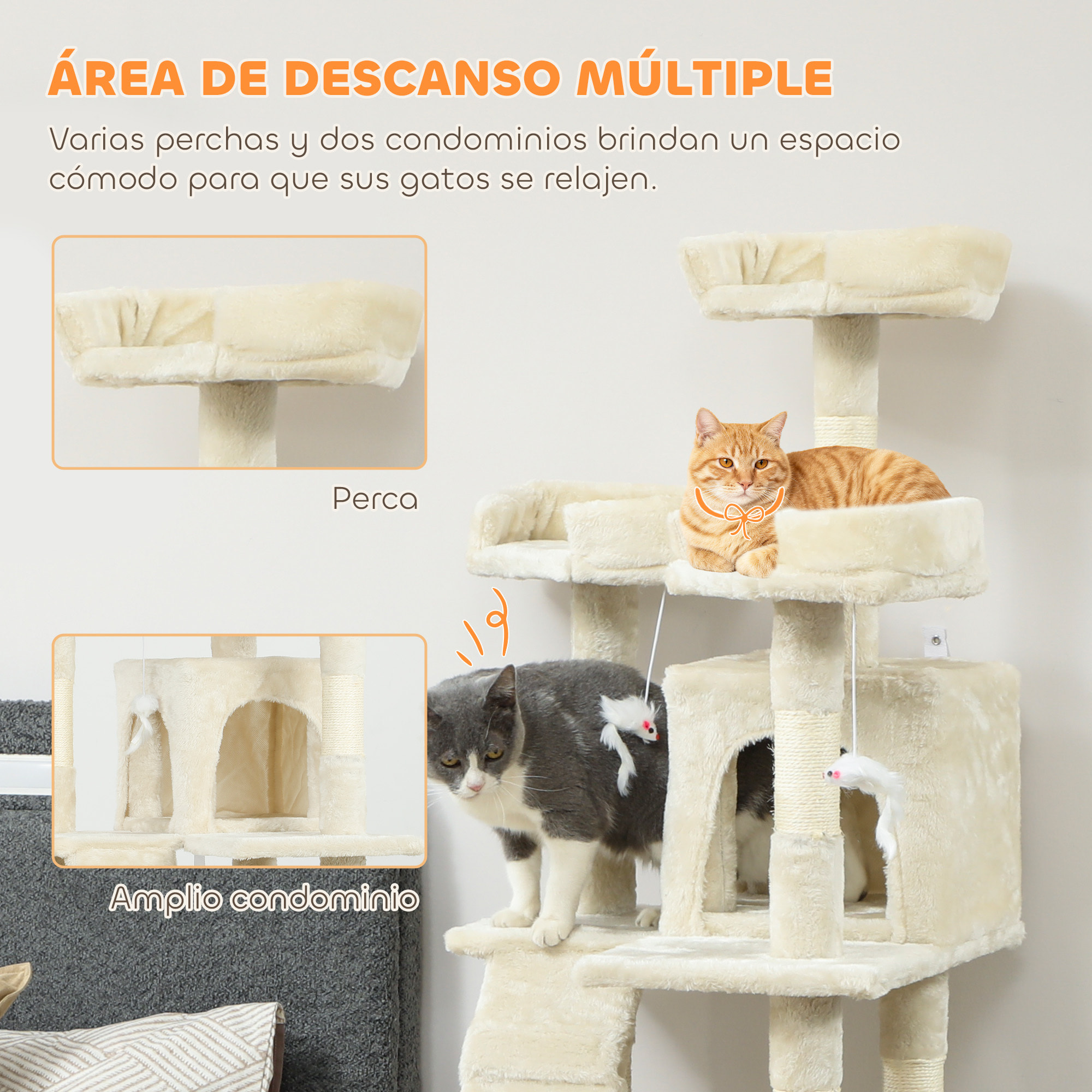 Árbol Rascador para Gatos, Árbol para Gatos 153 cm, Torre Escalador con 2 Cuevas, 3 Camas, 2 Rampas, Postes de Sisal, 2 Ratones Colgantes, Crema