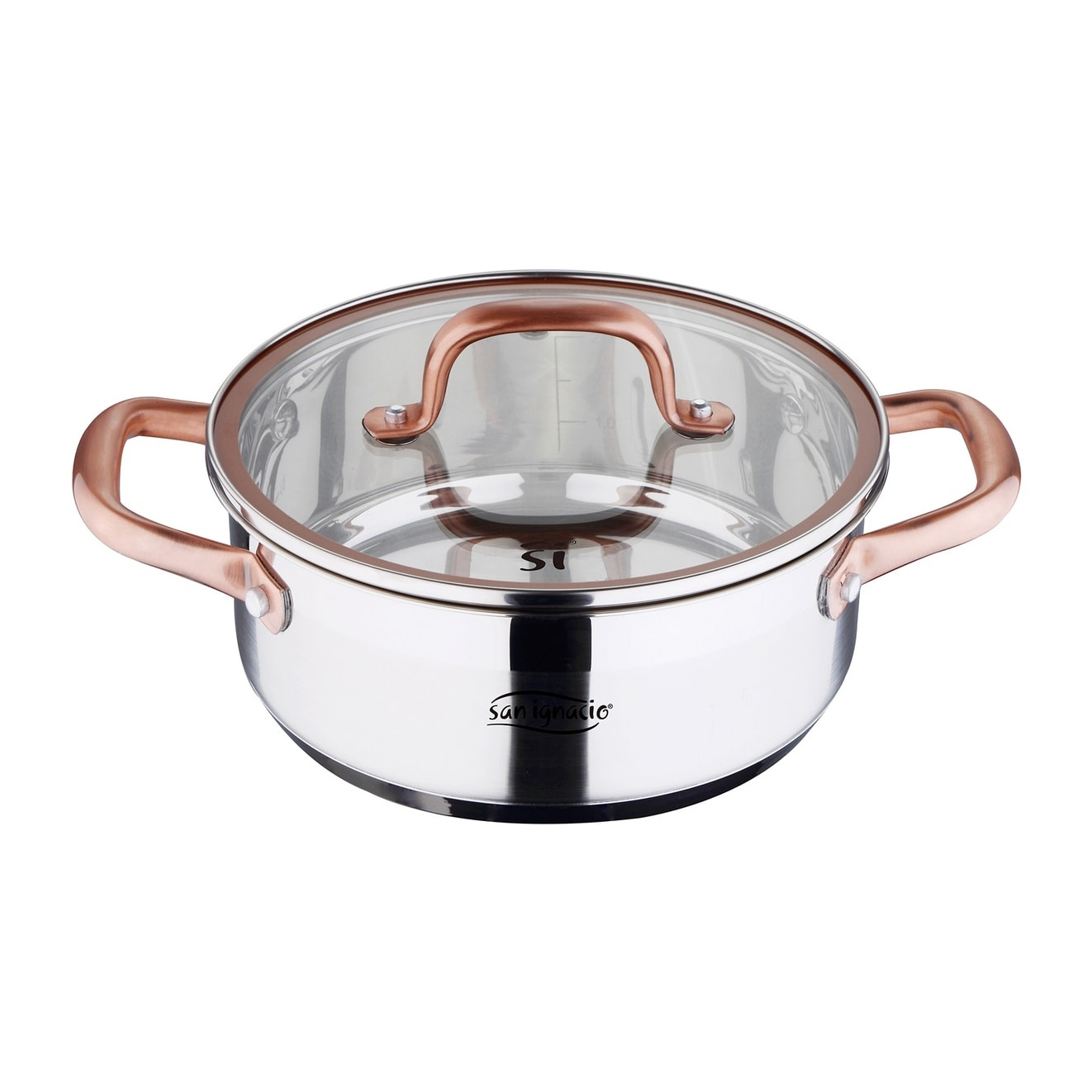 Cacerola de acero inox ind con tapa, plateado y cobre