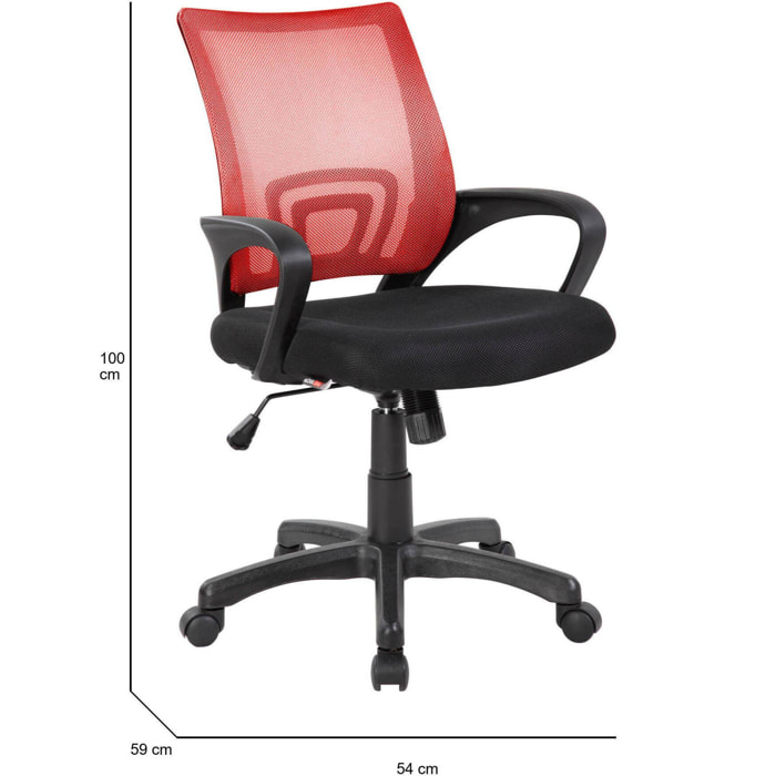 Sedia da ufficio Lismore, Sedia operativa a rete con braccioli, Seduta ergonomica da ufficio, 59x54h90/100 cm, Nero e Rosso