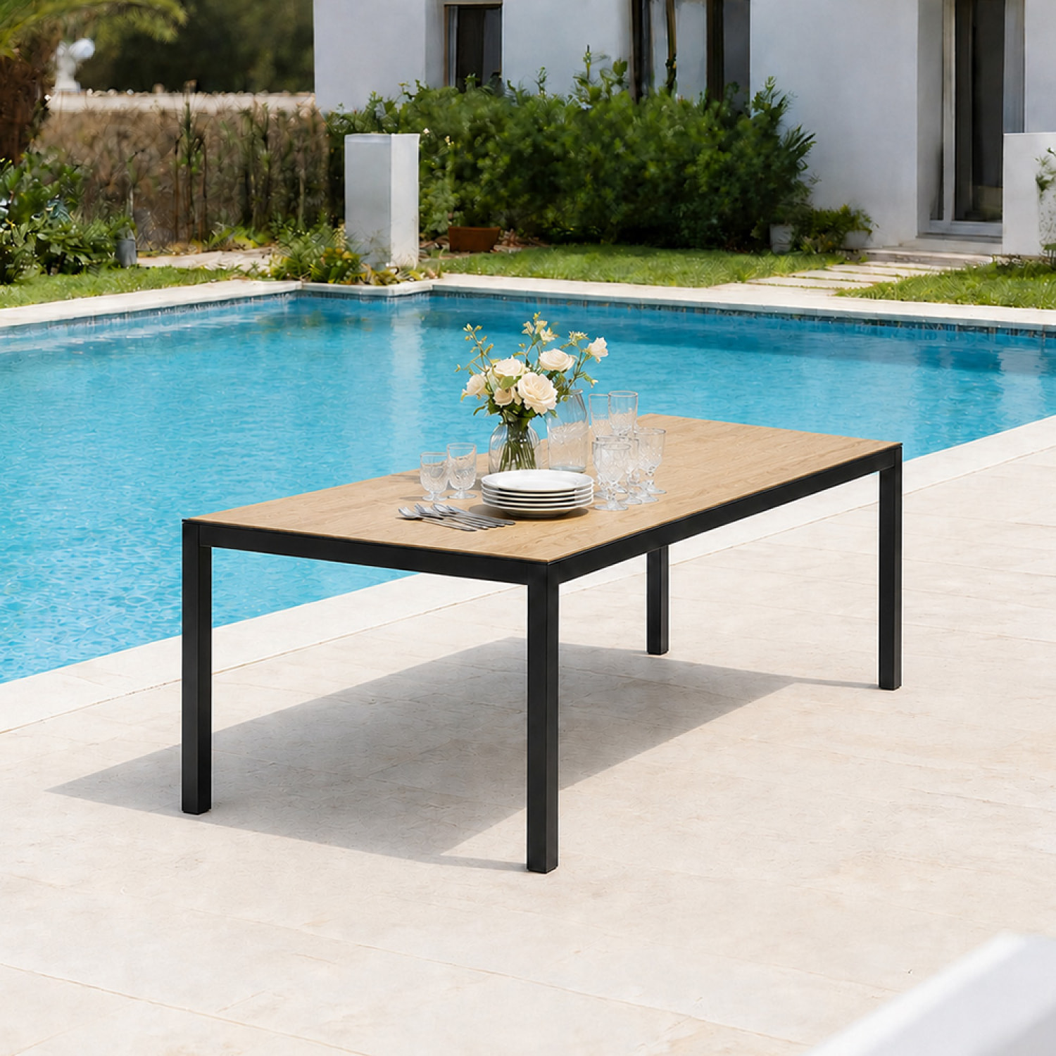 Table de jardin 240cm 10 personnes avec plateau en verre trempé effet bois NEWSTEAD