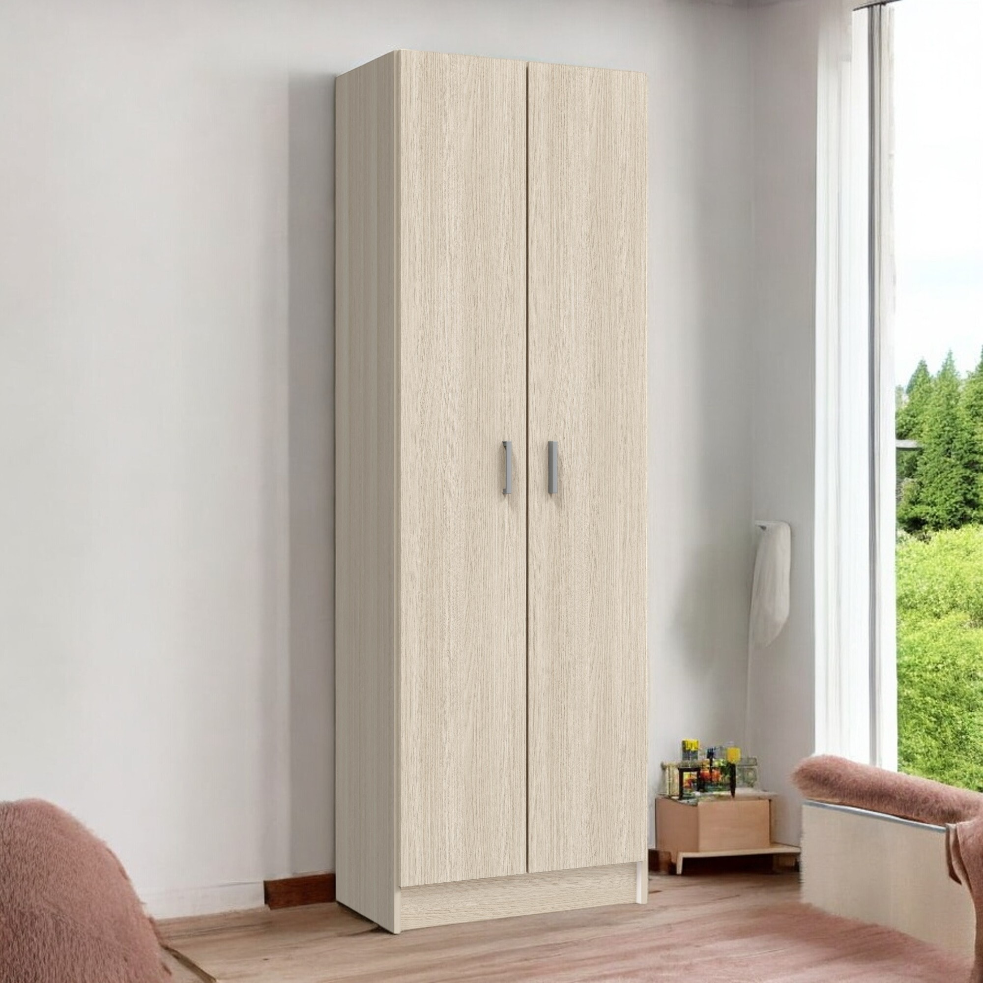 Armadio multiuso Salem, Mobile ausiliario a 2 ante, Portascarpe con 3 ripiani, Scarpiera alta moderna, cm 59x37h180, Rovere