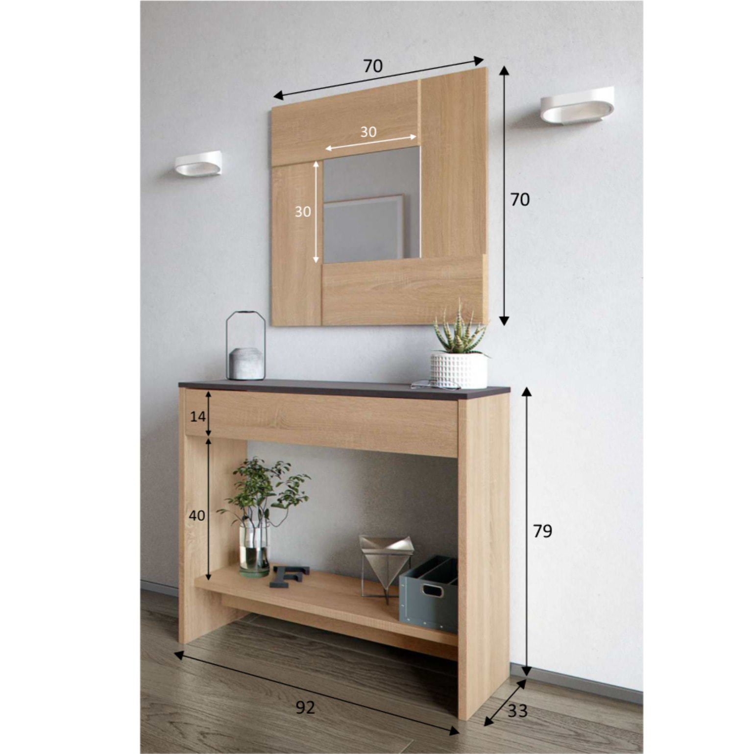 Consolle Mobile Ingresso Con Cassetto Ripiano E Specchio Quadrato Design Salvaspazio Moderno Per Soggiorno Camera Cameretta 92x33x79 cm Rovere