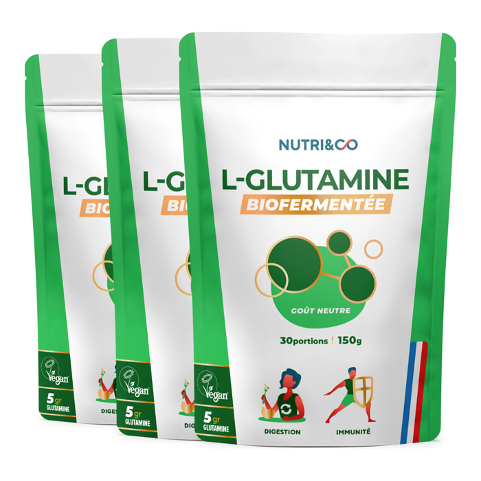 L-Glutamine en poudre Bio-fermentée Qualité Kyowa® Goût Neutre - 150g Vegan - Lot de 3