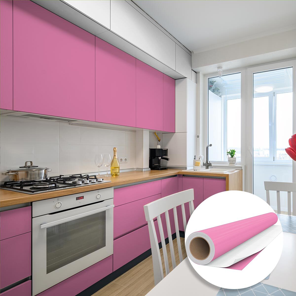 Rouleau adhésif décoratif Vinyle au Mètre - Rose - Sticker Lavable Imperméable Mur Cuisine Meubles
