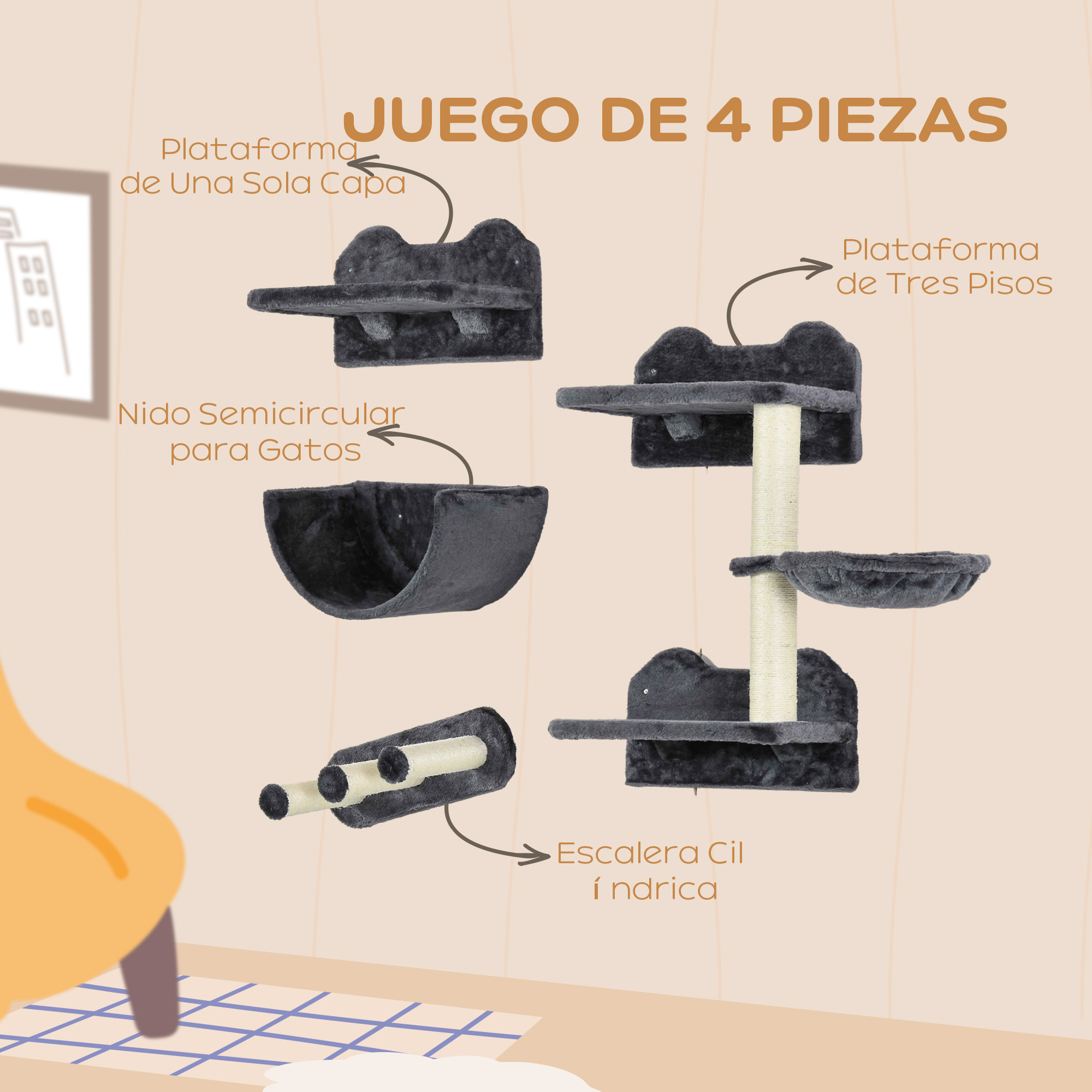 Estante de Escalada para Gatos de Pared Juego de Estantes para Gatos 4 Piezas con Hamaca Nido Rascador Plataformas para Saltar y Poste de Sisal Gris Oscuro