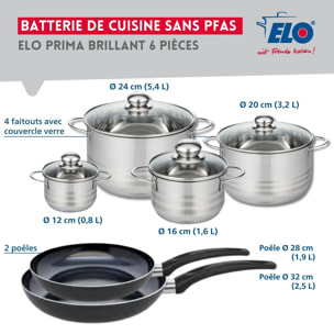 Ensemble de 2 Poêles de cuisson 28 et 32 cm et 4 faitouts 12, 16, 20 et 24 cm Elo Prima Brillant