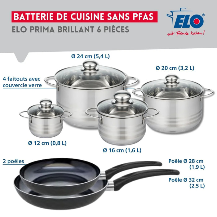 Ensemble de 2 Poêles de cuisson 28 et 32 cm et 4 faitouts 12, 16, 20 et 24 cm Elo Prima Brillant