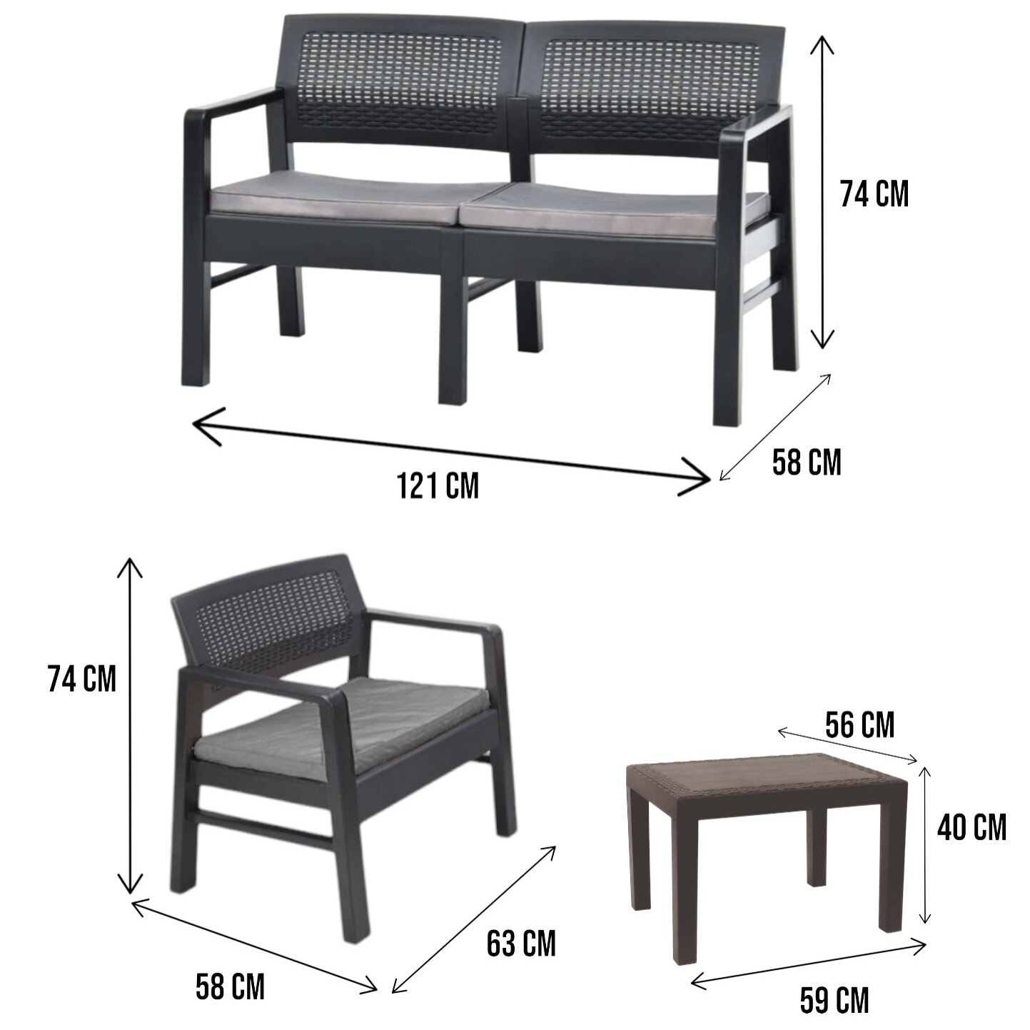 Set salotto da esterno Agnelo, Composizione da giardino con 2 poltrone, 1 divano ed 1 tavolino, Salottino effetto rattan con cuscini, 100% Made in Italy, Antracite