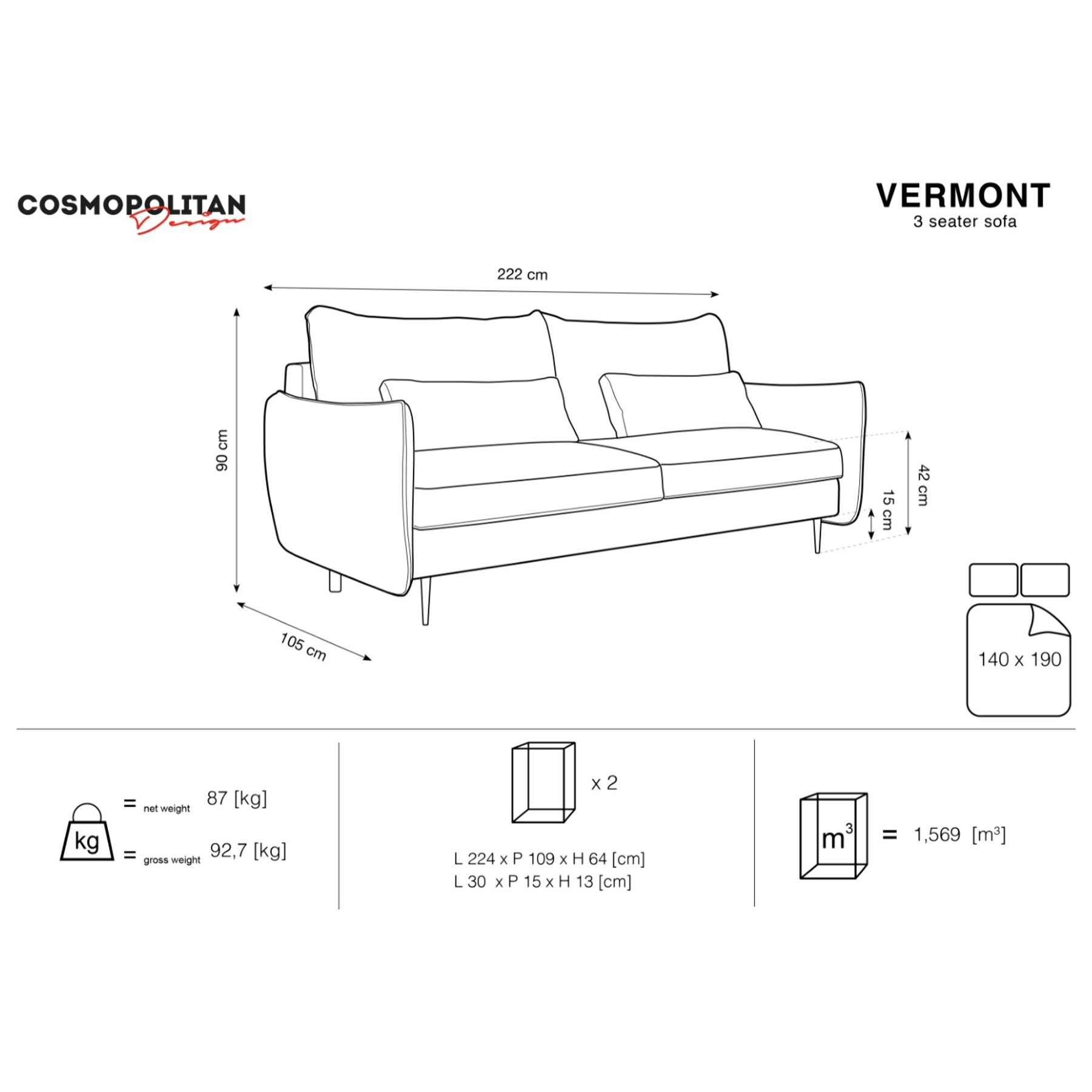Canapé convertible avec coffre de rangement "Vermont" 3 places en velours rouge