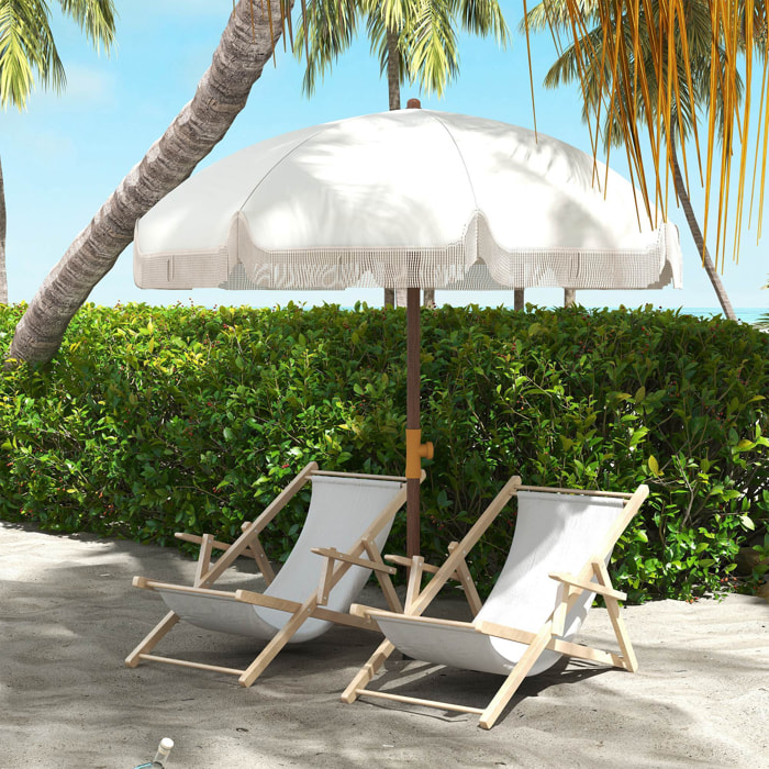 Sombrilla de Playa con Flecos Ø190x210 cm Parasol para Terraza con 8 Varillas Apertura Manual Anti-UV Impermeable y Bolsa de Transporte para Jardín Piscina Crema