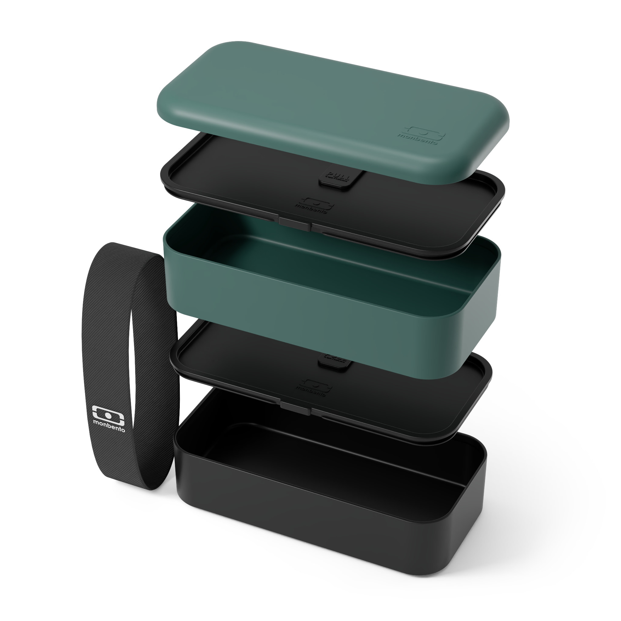 Set repas lunch box 2 étages 1L vert/noir + couverts + récipients à sauce