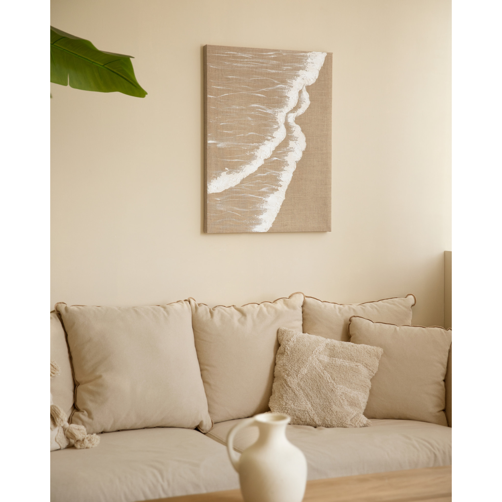 Tableau beige et blanc décoratif sur lin avec cadre en bois peint à la main à la peinture à l'huile en différentes tailles