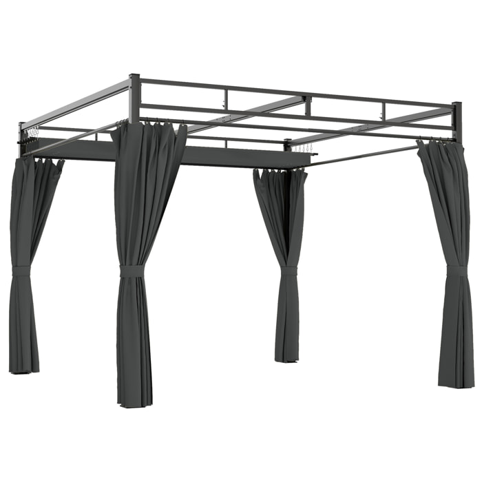 Pérgola de Jardín 3x3 m con Techo Retráctil y 4 Cortinas, Cenador de Jardín con Protección UV30+, Impermeable, Estructura Metálica, Pabellón para Patio, Terraza, Exterior, Gris Oscuro