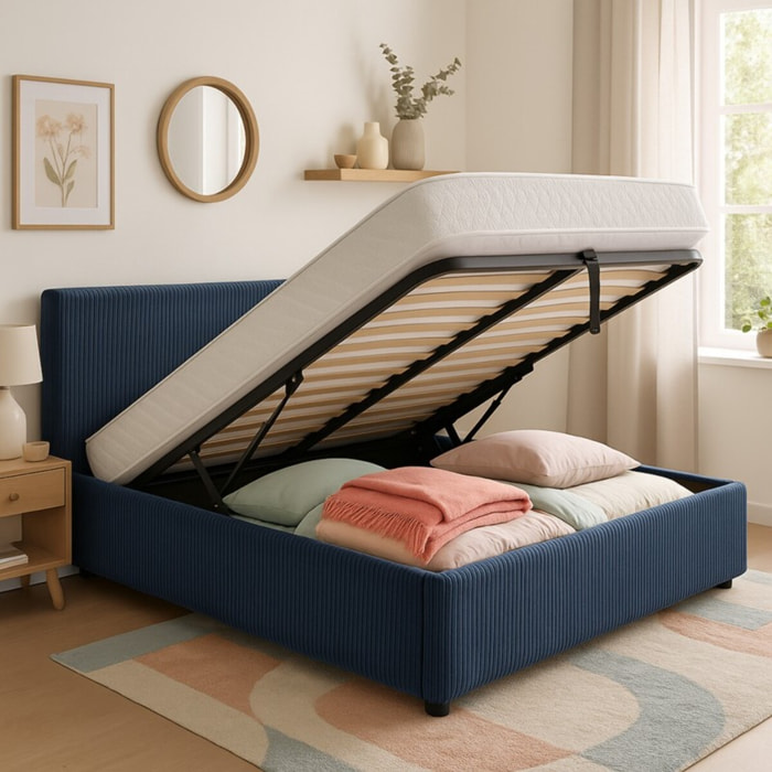 Lit coffre Colisée avec tête de lit | Robuste et confortable | Montage simple rapide | Velours Côtelé | Bleu nuit