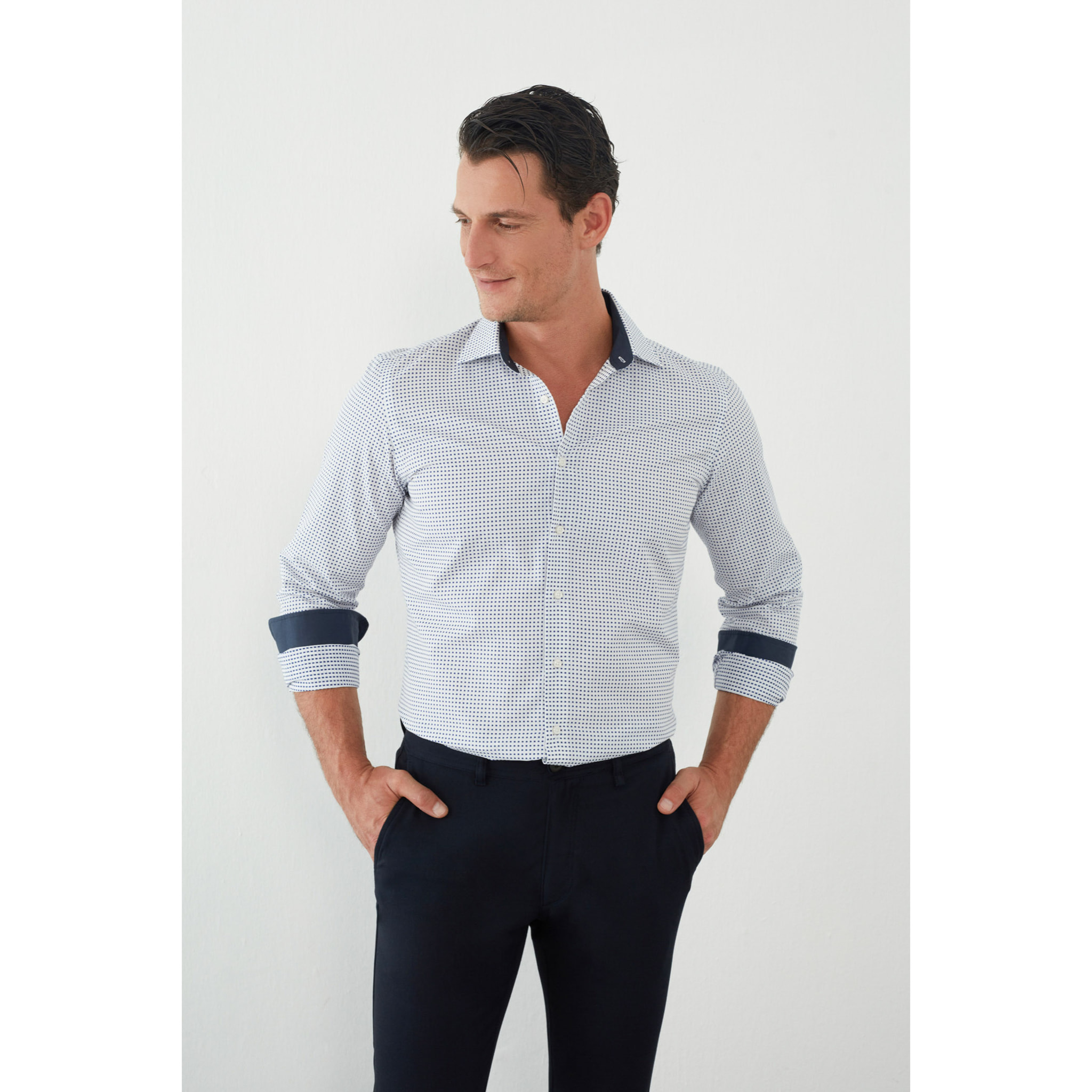 Camicia Uomo 1 Bottone Francese Slim Jacquard Fantasia Bianco e Blu