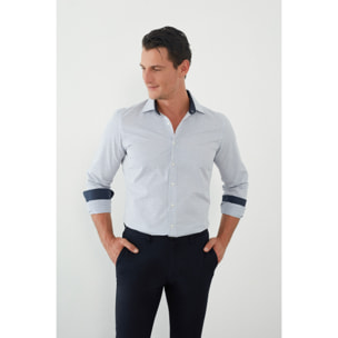 Camicia Uomo 1 Bottone Francese Slim Jacquard Fantasia Bianco e Blu