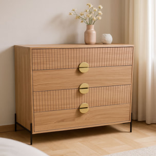 TORINESE Commode 4 tiroirs décor bois rainuré et poignées dorées 84cm