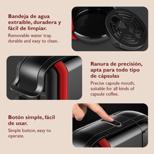 Cafetera multifunción de 1450 W y 19 bar, compatible con cápsulas y café molido. Con depósito de agua extraíble de 0,6 L.