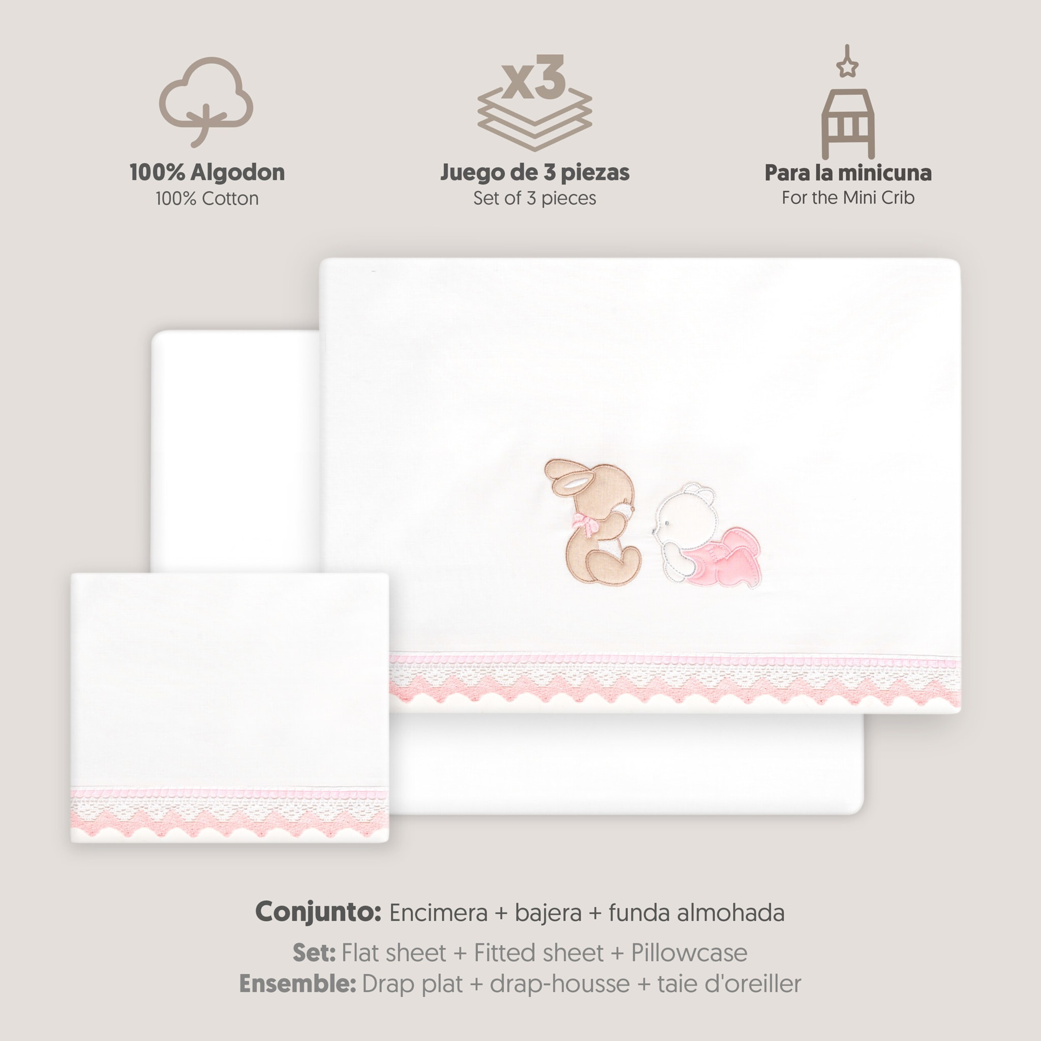Triptico Minicuna Guipur Oso Tumbado Conejito Bco/Rosa