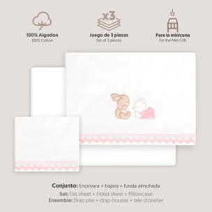 Triptico Minicuna Guipur Oso Tumbado Conejito Bco/Rosa