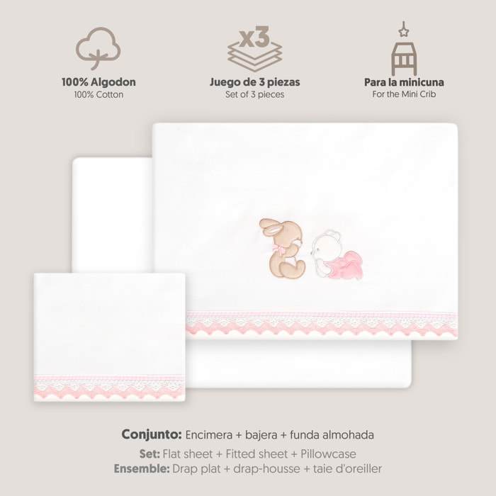 Triptico Minicuna Guipur Oso Tumbado Conejito Bco/Rosa