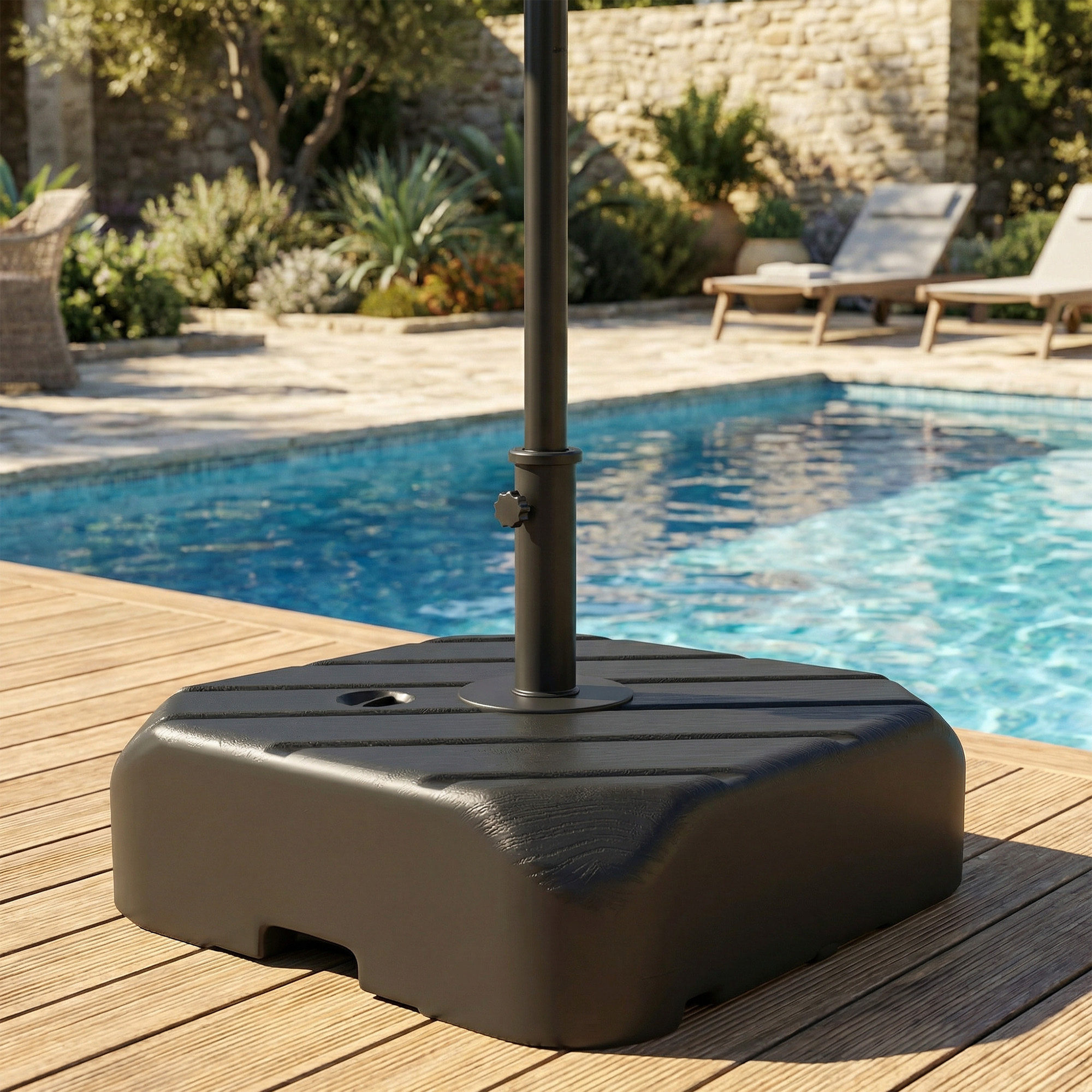 Base para Sombrilla con Ruedas, Soporte de Parasol de HDPE, Pie para Sombrilla con Postes Ø38 mm, Ø48 mm, Rellenable de Arena 72 kg o Agua 45 Litros, con Asa Telescópica, para Jardín, Negro