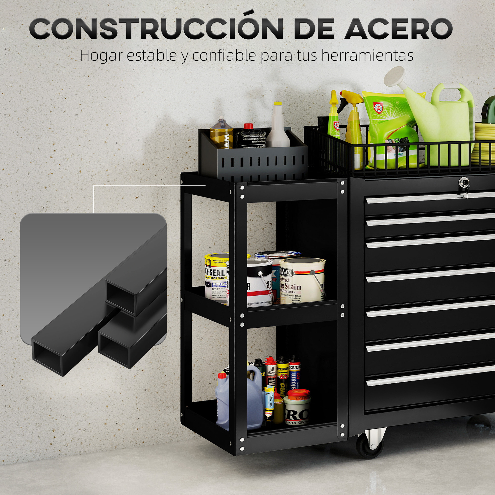 Carro de Herramientas con 7 Cajones, Carro de Taller con Estantería de 3 Niveles Desmontable, Sistema de Cierre Central, Asa, 2 Ruedas con Freno de Bloqueo, Negro