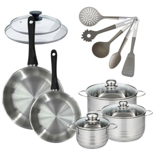 Set 2 poêles 24 28 cm avec couvercle, 3 faitouts 16, 20 et 24 cm en inox et 5 ustensiles Fackelmann Geneva