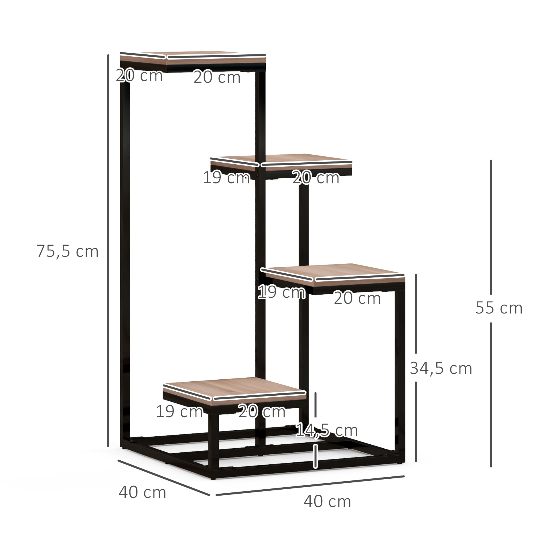 Porte-plantes style industriel 4 étagères - dim. 40L x 40l x 75H cm - acier noir bois sapin verni