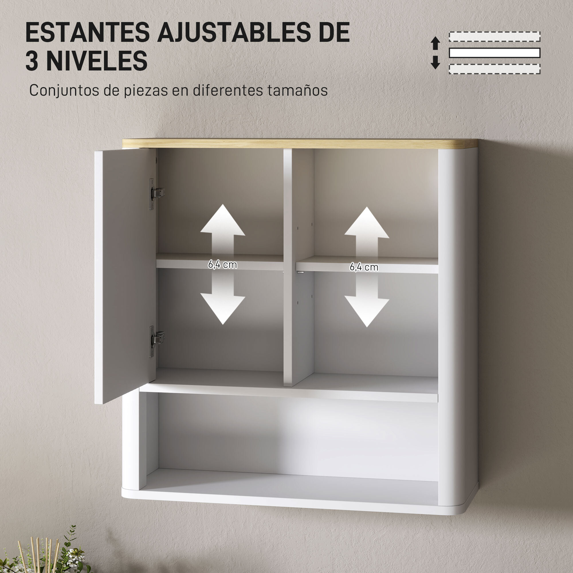 Armario de Baño de Pared Mueble de Baño Colgar con Estantes Ajustables Puerta Corredera Compartimentos y Diseño con Perfil Curvo 60x20x62 cm Blanco
