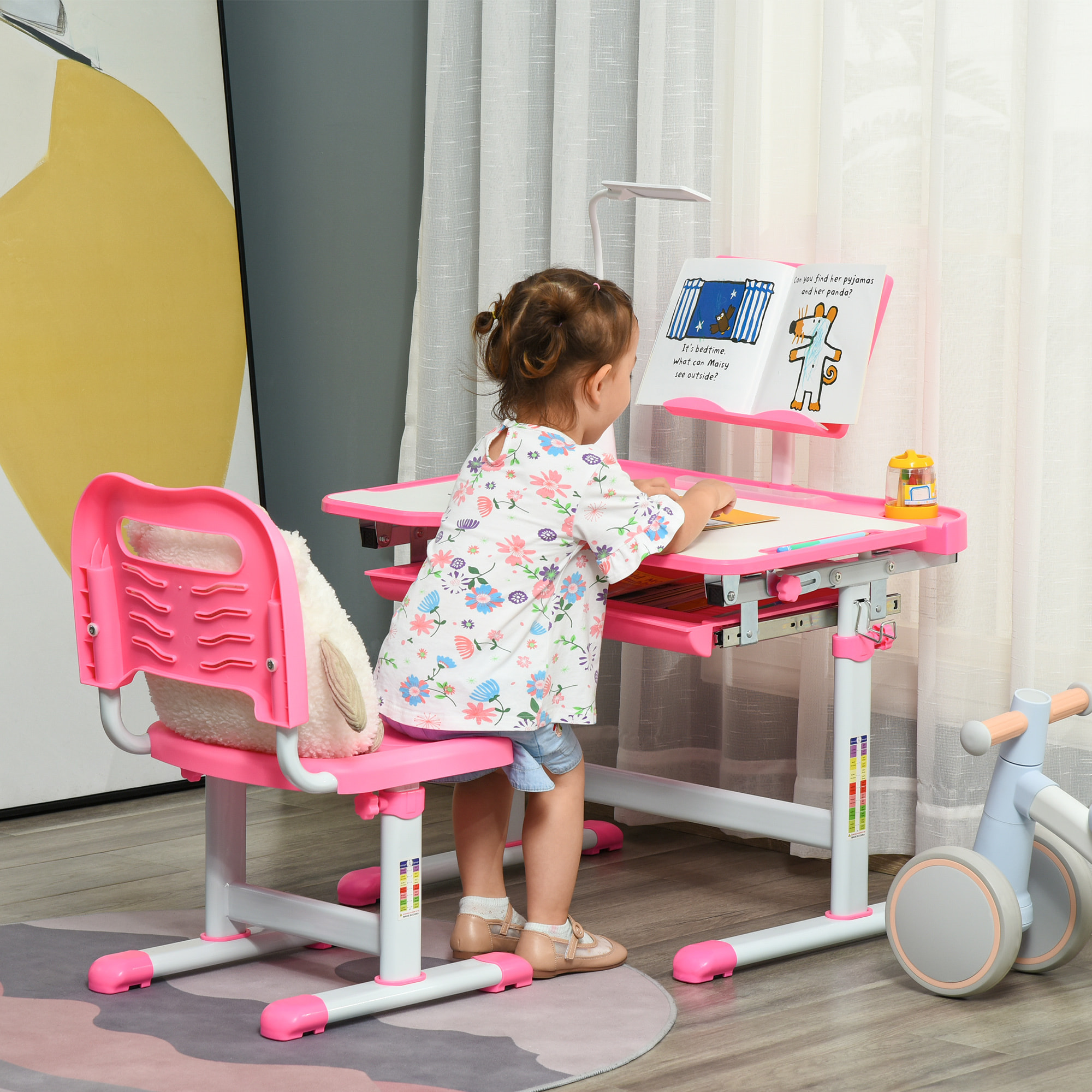 Juego de Escritorio y Silla para Niños de +6 Años Pupitre Infantil Altura Ajustable Escritorio Infantil con Mesa Inclinable Lámpara Cajón y Estante para Libros Rosa