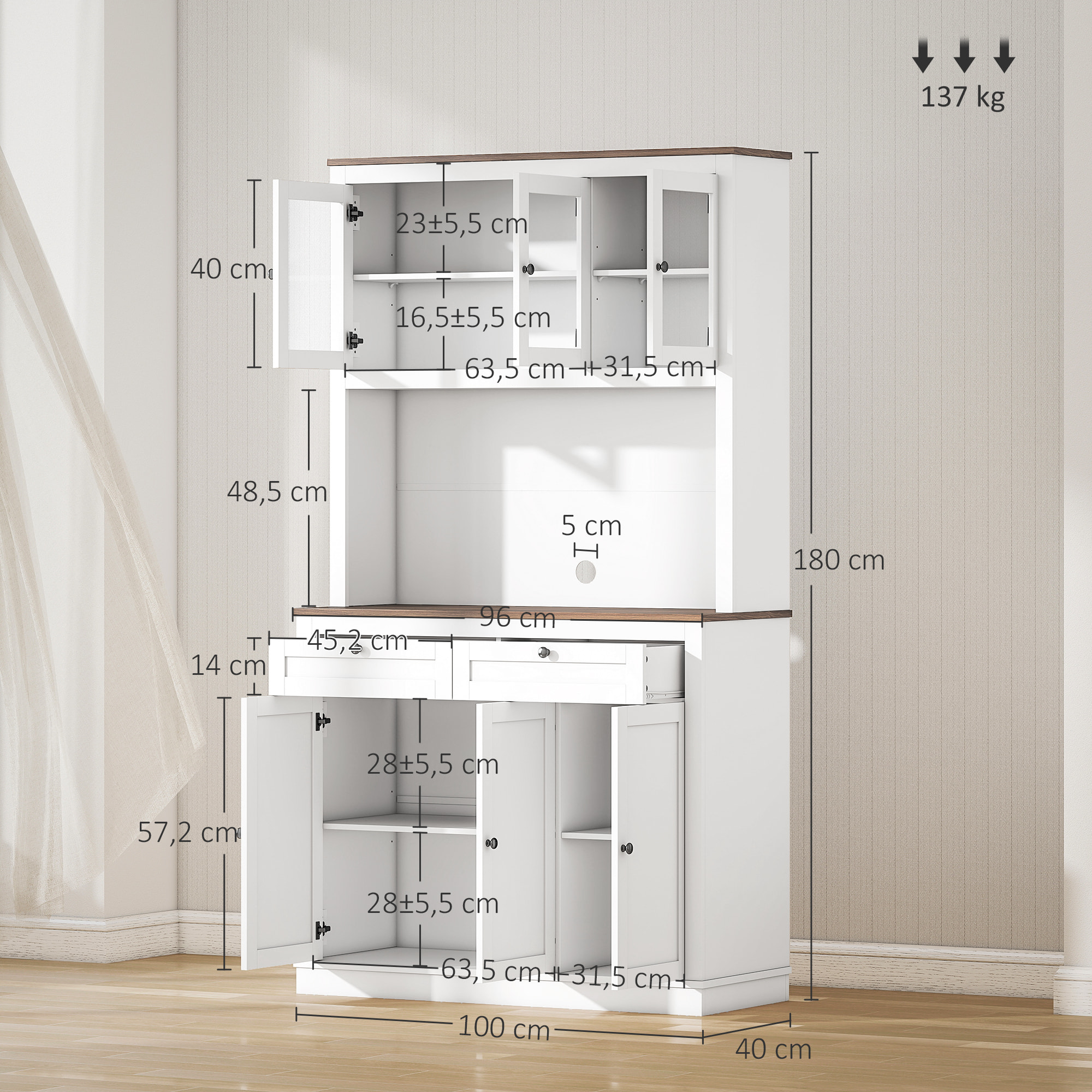 Buffet haut cuisine vitrine - 6 portes, 2 tiroirs, plan de travail - dim. 100x40x180cm - blanc effet bois noyer