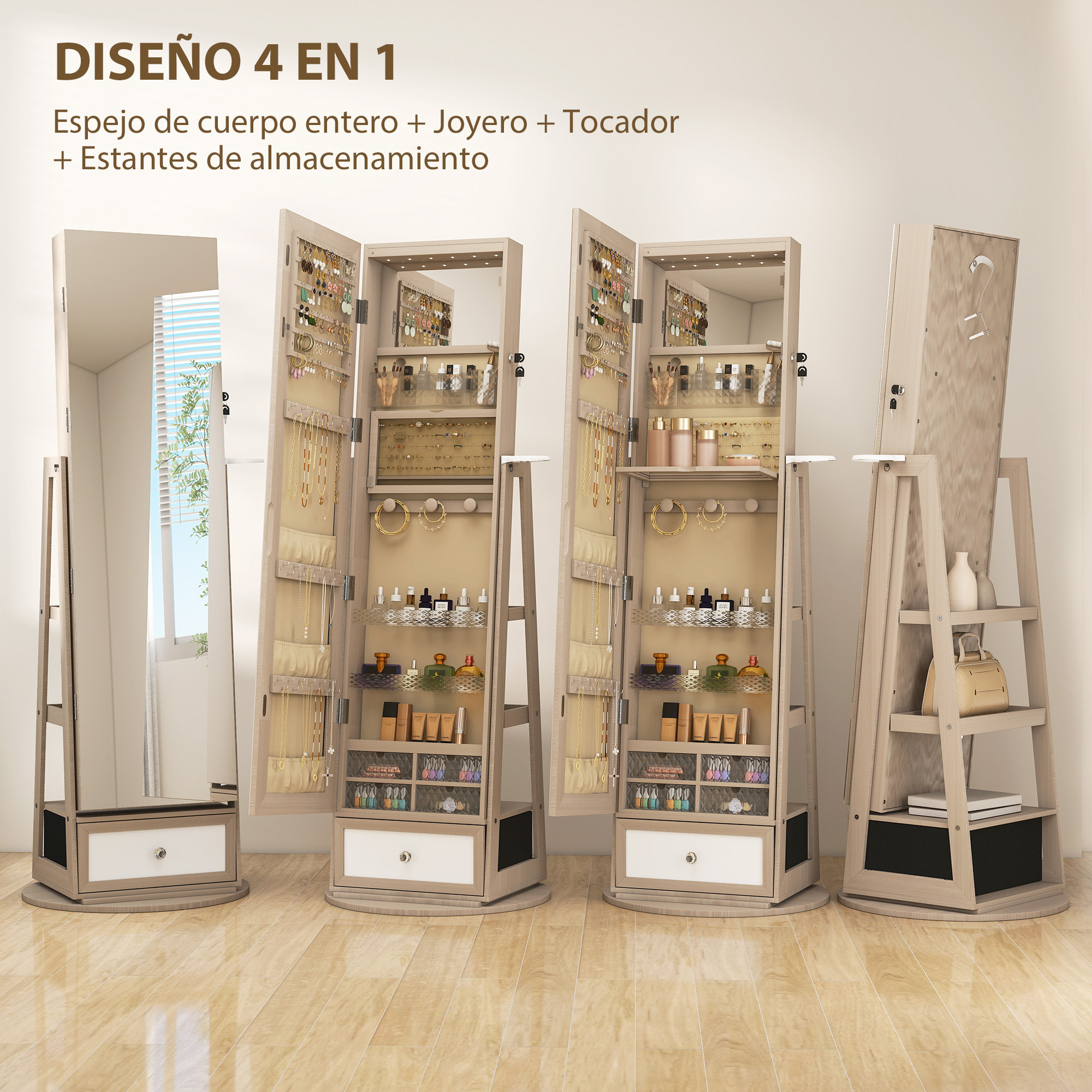 Espejo Joyero con Luces LED, Armario para Joyas, Armario Joyero con Espejo Entero, Giratorio de 360°, Cajón, Cerradura, Estantes Abiertos, Soporte para Secador, Natural