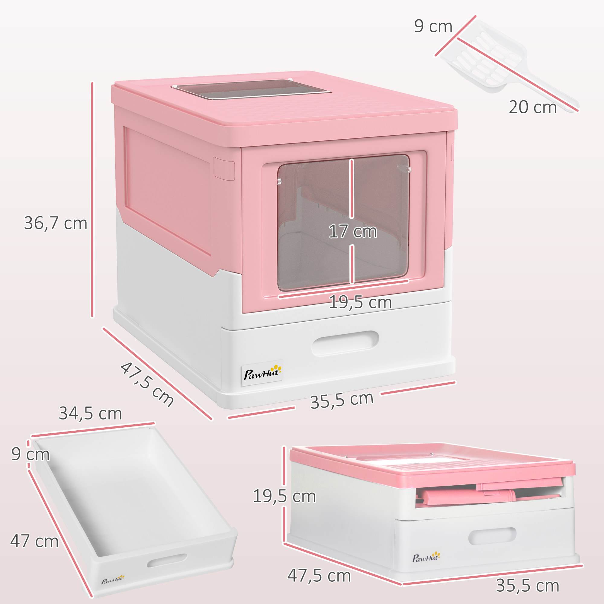 Maison de toilette pliable pour chat - tiroir à litière coulissant, porte battante et trappe transparente, pelle - blanc rose