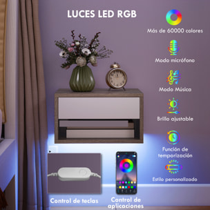 Juego de 2 Mesitas de Noche Flotantes con Luces LED RGB Control de APP, Mesillas de Noche Dormitorio con Cajón, Estante Abierto, para Sala de Estar, 37x32x21 cm, Natural y Blanco