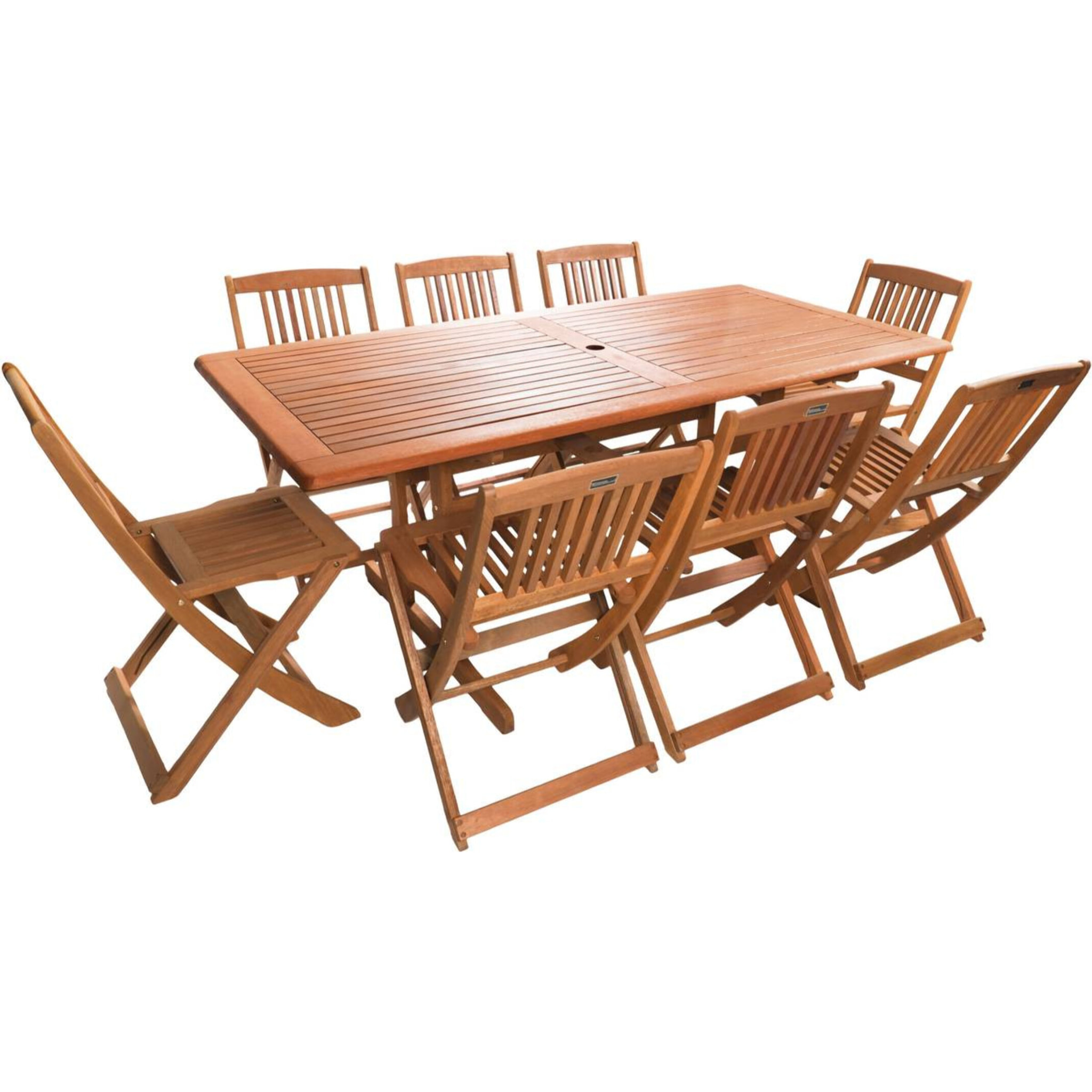 Table et chaises de jardin en bois exotique "Hongkong" - Table fixe + 8 chaises pliantes