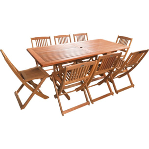 Table et chaises de jardin en bois exotique "Hongkong" - Table fixe + 8 chaises pliantes