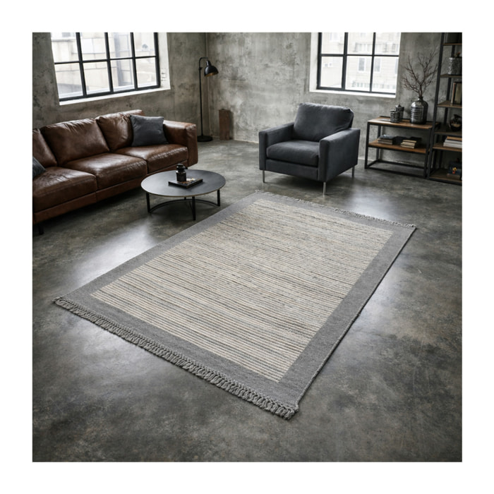 Tapis entièrement noué à la mains en laine motif Ligne grises