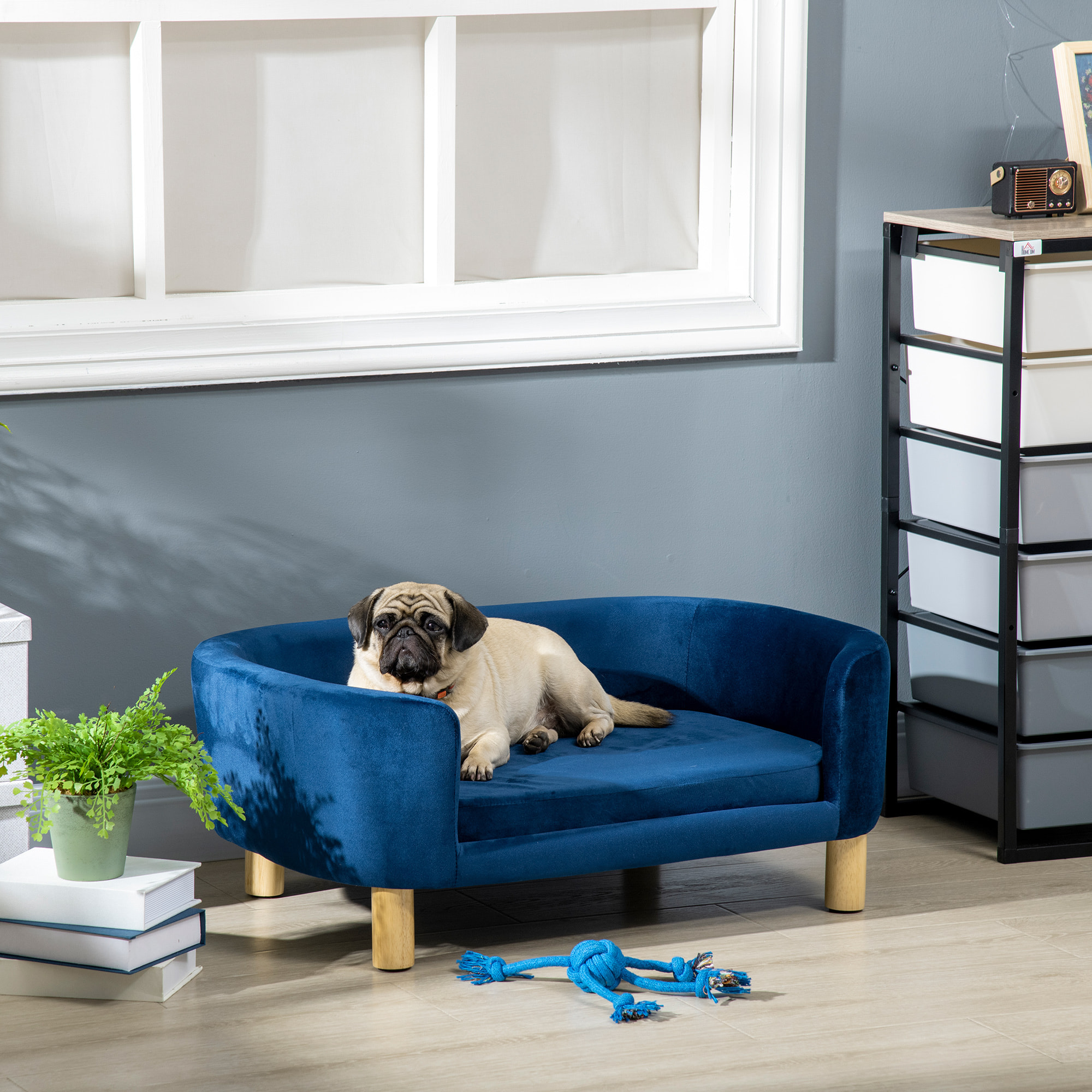 Sofá para Perros Pequeños, Cama para Perros Elevada con Patas de Madera, Cojín Desmontable y Funda Lavable, Carga 10 kg, 86x55x33 cm, Azul